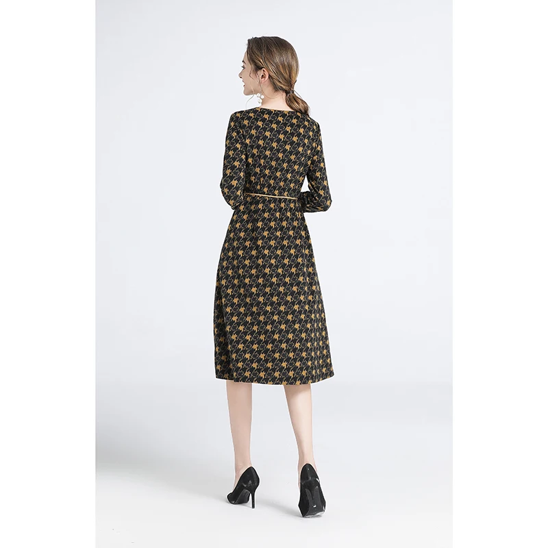 

Women Floral Embroidery Dress Office Lady High Waist V-Neck Black Elegant Vintage Sashes Casual Fashion