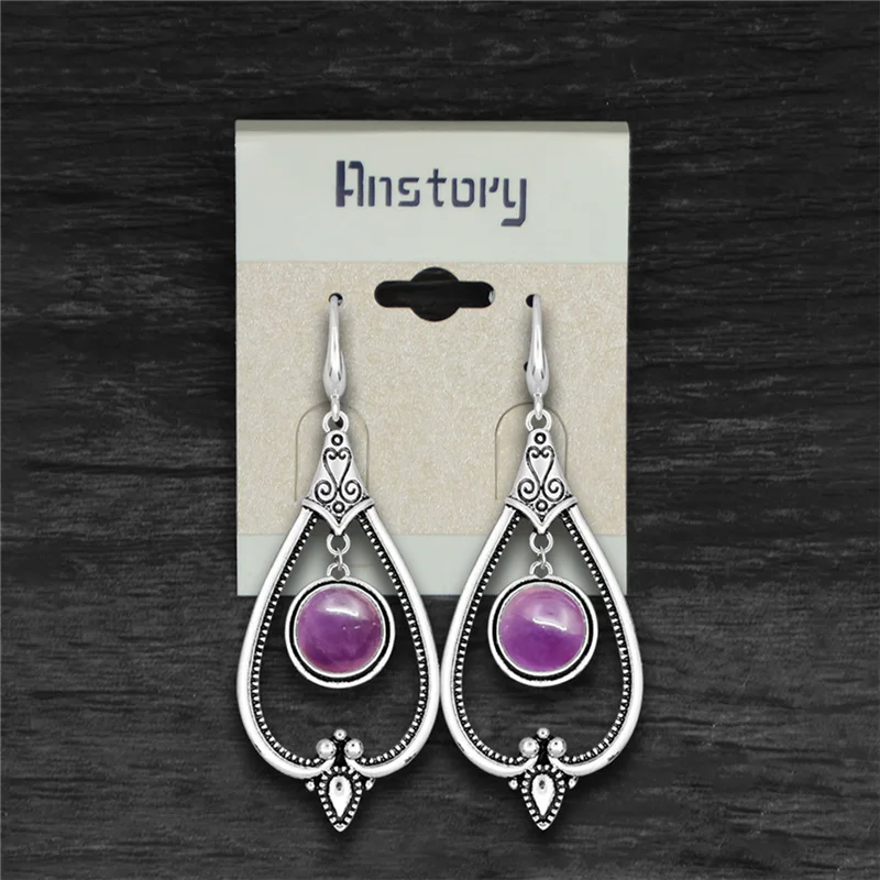 Серьги-подвески с круглыми аметистами женские тибетское серебро натуральный