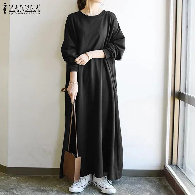 

Women Fashion Sweatshirt Dress 2021 Autumn Fleece Hoodies Vestidos Female Casual Maxi Dresses ZANZEA Solid Oversized Robe Longue