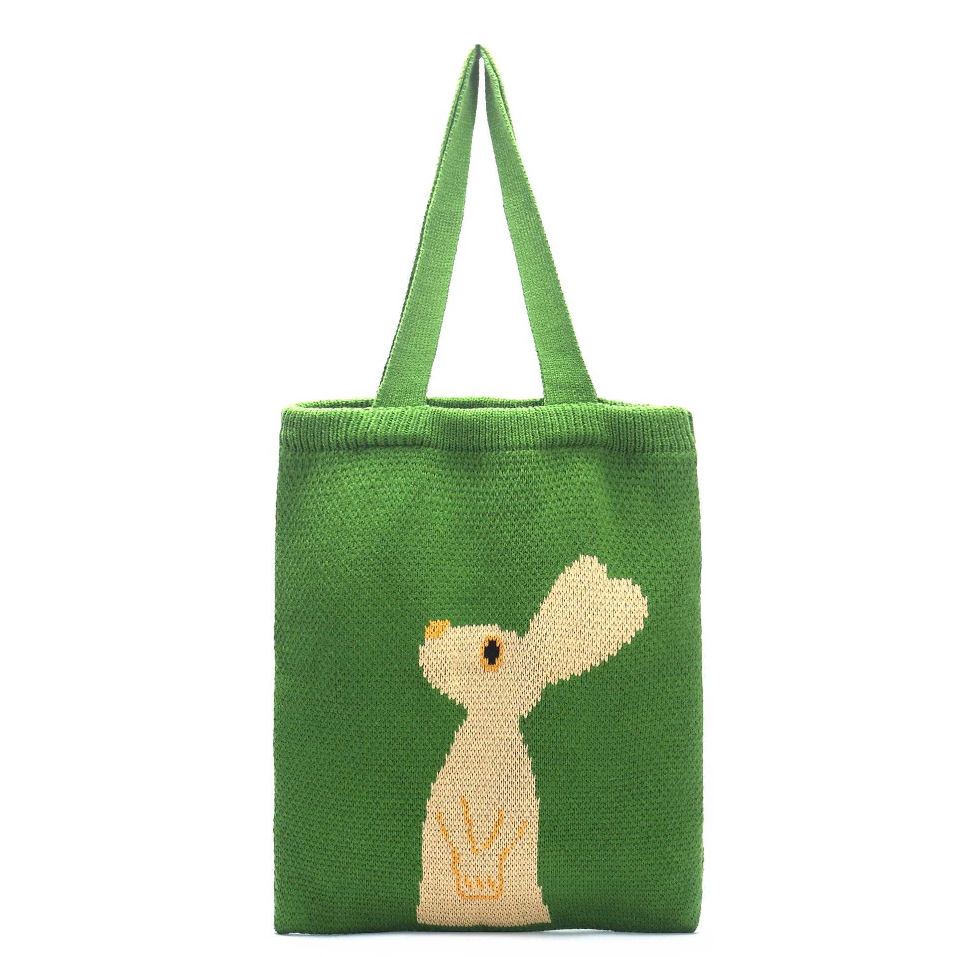 

Women Cute Anime Pattern Woolen Tote Bag Female Knitting High Street Daily Soft Open Green Shopping Shopper Top-handle Bag