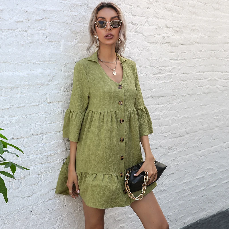 

2021 New Solid Half Sleeve Short Dress Casual Spring Summer Single Breasted Shirring Ladies Party Mini Shirt Dresses for Women