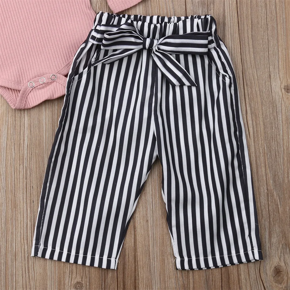 

Autumn New Baby Girls Solid Fly Sleeve Tops Romper +Stripe Long Pants Trousers Clothes Outfit Set 0-24M