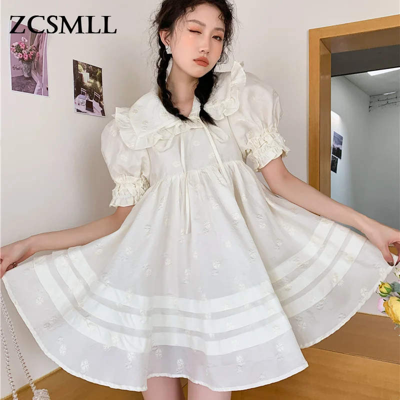 

Плиссированное Платье принцессы ZCSMLL с кукольным воротником, с коротким рукавом и высокой талией, милое однотонное модное корейское женское...