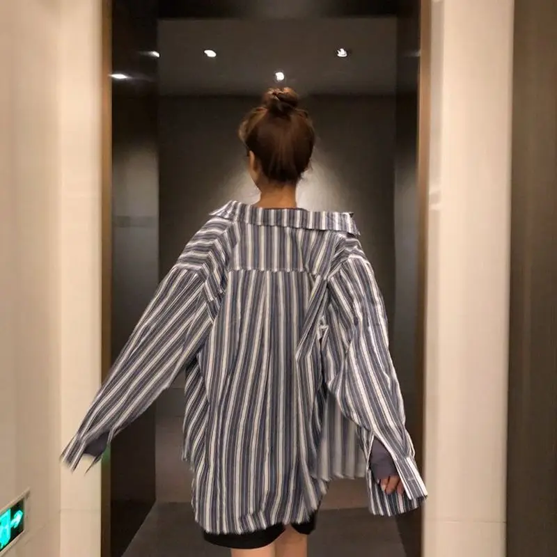 

Blouse Women Shirts Long Sleeve Turn-down Collar Spring Striped Single Breasted Pocket Korean Style BF Retro Casual All-match