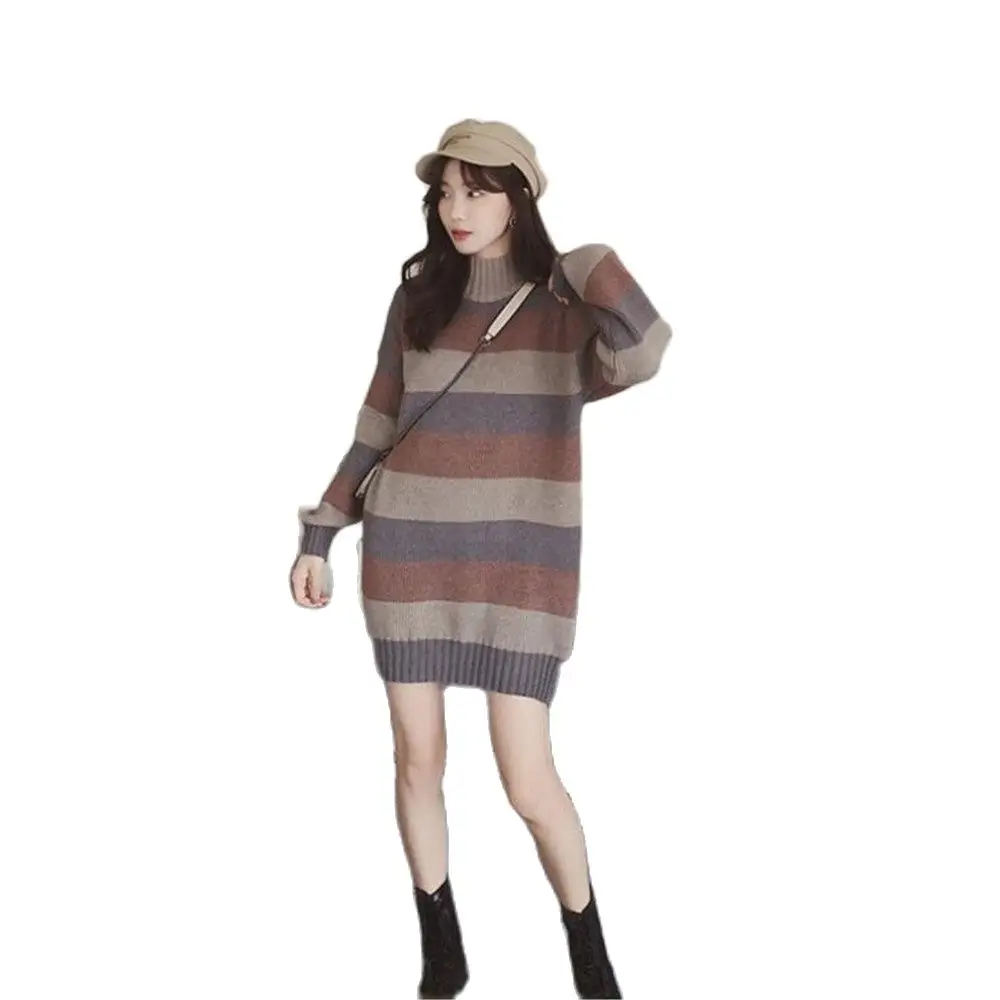 

M.Y.FANTASY 2021 Half HighCollar Lazy WideStriped Sweater Women Women's New Autumn And Winter Wear Mid-Length Loose Thick Knit S