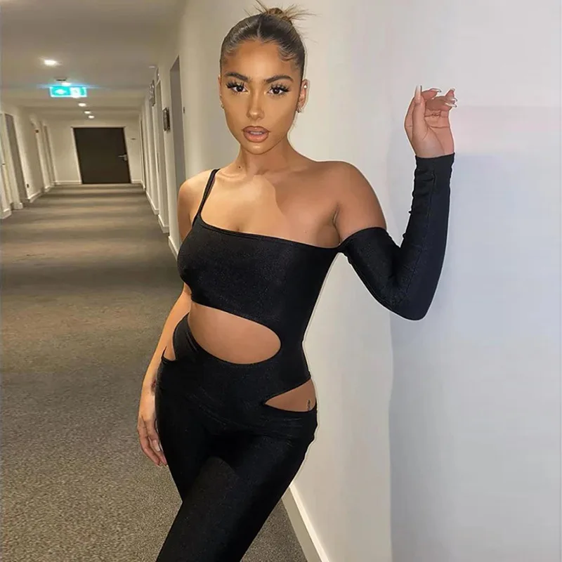 Echoine 2021 Sexy Hollow Out Fitness Women Jumpsuit One Shoulder Solid Elastic Activewear Slim Sporty Streetwear Rompers Outfits