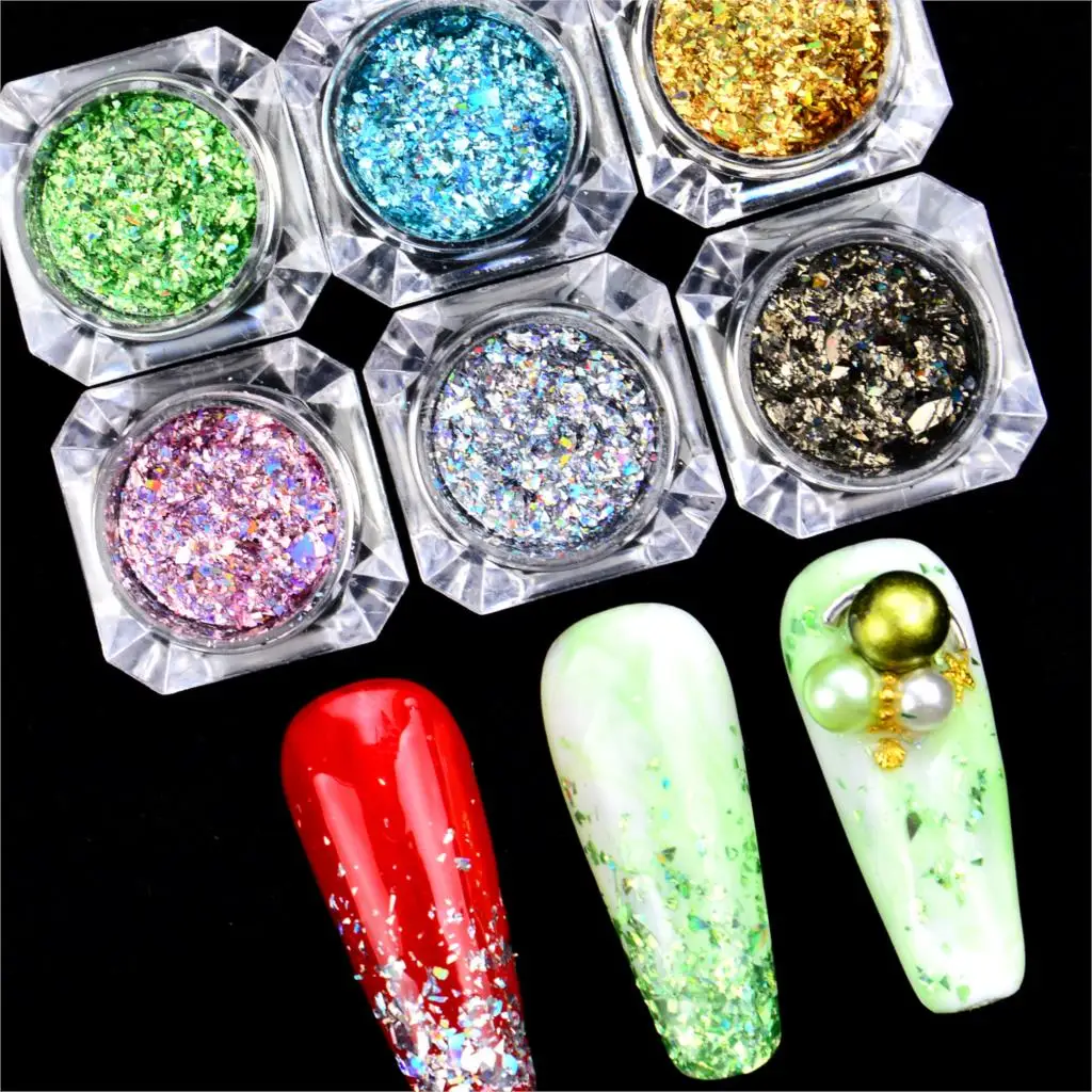 

Mix Laser Holographic Flake Nail Glitter Sequins 3D Holo Broken Iridescent Flakies Manicure Gel Polish Powder Set