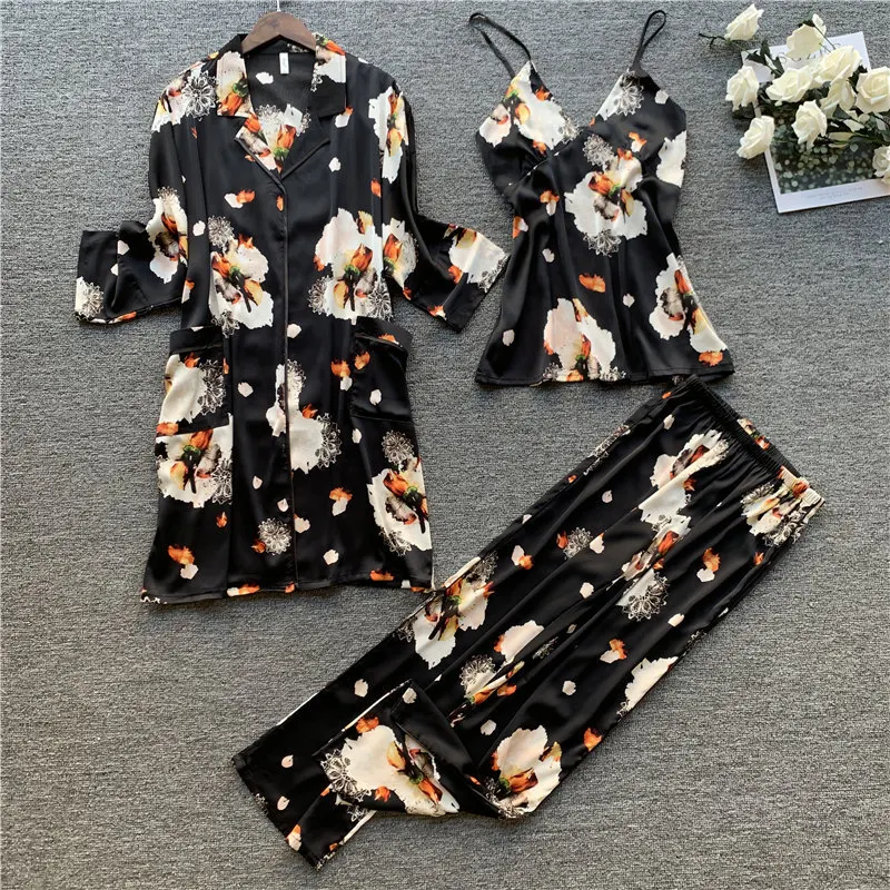 Ледяные шелковые женские пижамы 3 шт. модный пижамный комплект с принтом кардиган