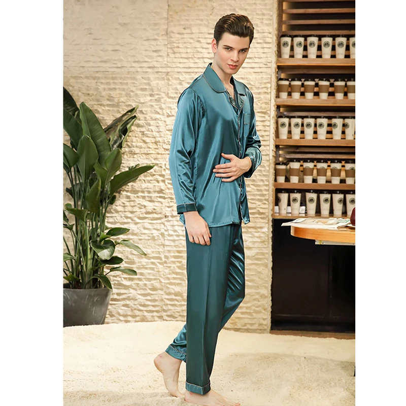 New Men Satin Silk Pyjamas Set Long Sleeve Sleepwear Male Leisure Home Clothing Modern Style Soft Cozy Open Stitch Lake Blue