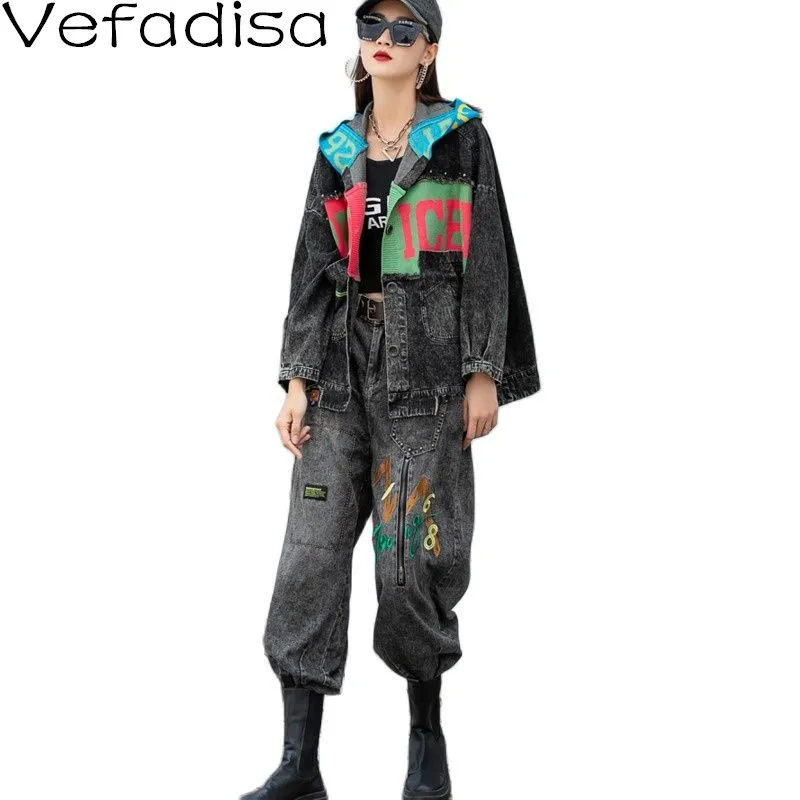 

Vefadisa Letter Print Denim Set Women 2021 Autumn Vintage Knitted Patchwork Denim Coat + Spliced Harem Pants Plus Size QYF6498
