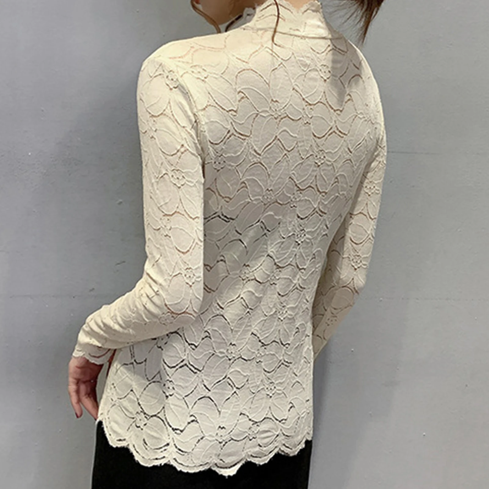 Женская Осенняя Прозрачная облегающая блузка с длинным рукавом и высоким