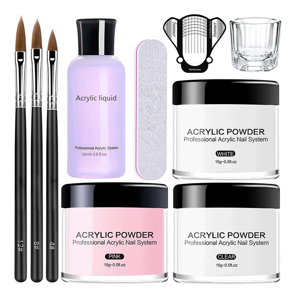 

Acrylic Powder Set Liquid Monomer Crystal Powder Pink/White/Clear with Nail Brush File Dipping/Carving/Extension Tools Kit TSR-9