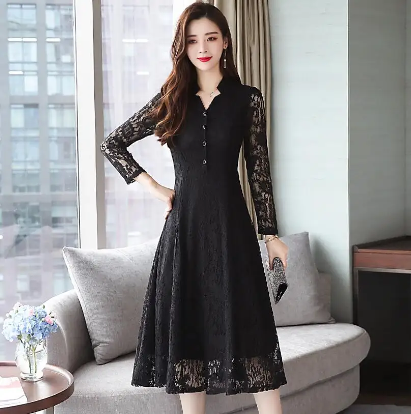 

2021 Spring And Autumn New Slim Temperament Long Skirt Women's Dresses Solid Long Sleeve Large Size Lace Dress.