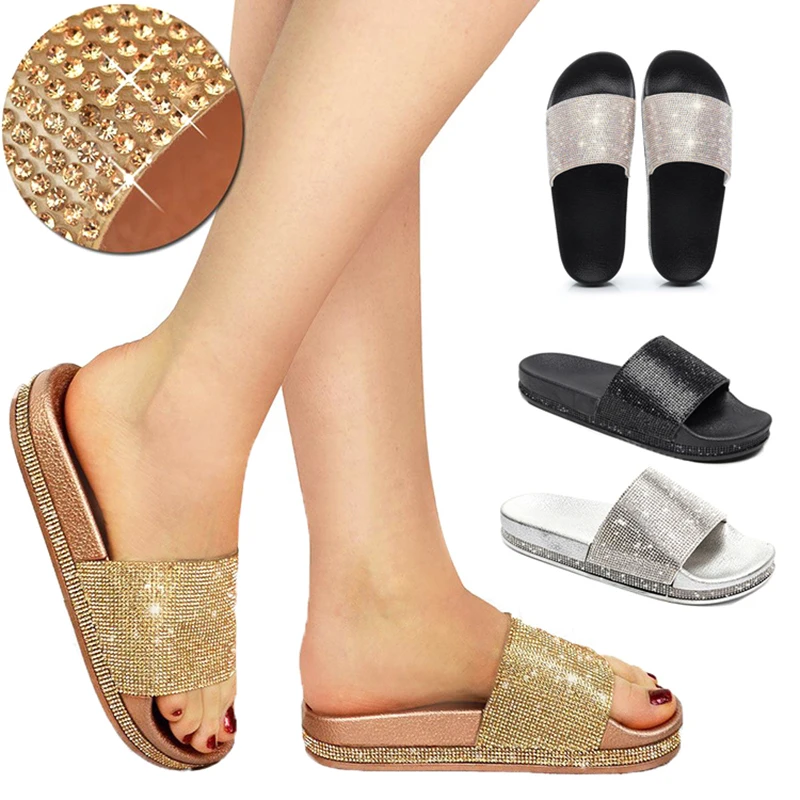 Шлепанцы женские с кристаллами пляжные тапочки сланцы Уличная обувь