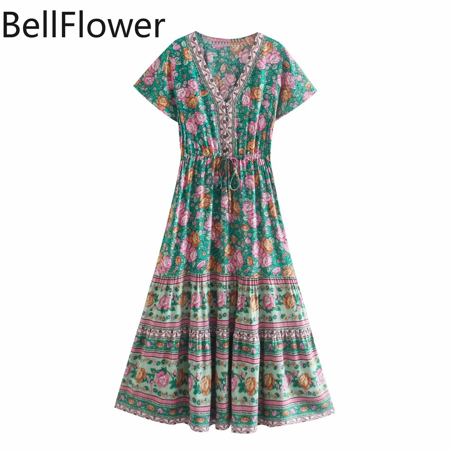 

Rayon Print Boho Dress Short Sleeve V Neck Loose High Waist Bandage Beach Party Summer Dresses Women Clothes Vestidos De Mujer
