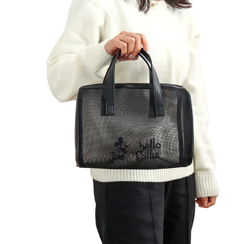 Disney Net Yarn Transparent Bag Large Capacity Handbag Mickey Cosmetic Black Bag Portable Travel Storage Toilet Bag