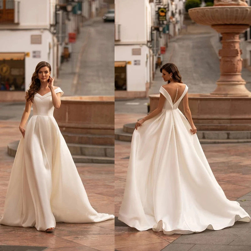 Vestidos de novia con hombros descubiertos para celebridades, vestido de novia con ilusión en la espalda, fruncido, línea hasta el suelo, A la moda (0)