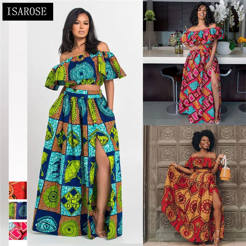 

ISAROSE Women Sexy Party Dress Sets 2 Pieces Rich Bazin Dashiki Print Slash Neck Crop Tops African Ankara Plus Size Maxi Dresses