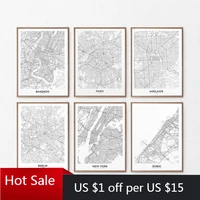 black and white world city map new york bangkok paris canvas painting wall art prints nordic for poster aesthetic room decor