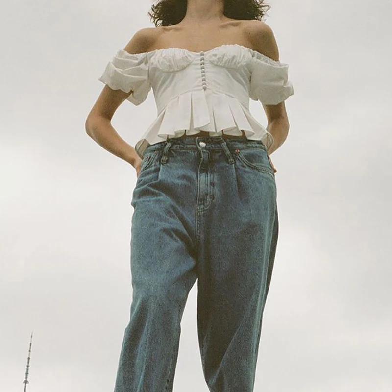 

ONEINALL Sexy White Shirts For Women V Neck Puff Short Sleeve Single Breasted Solid Blouses Female Summer Clothing 2021 New Tide