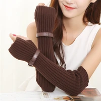 autumn winter 45cm womens arm warmers knitted arm sleeve solid superfine long knitted fingerless gloves with decorative strips