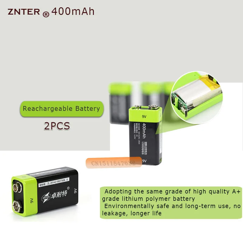 2 шт. ZNTER S19 9V 400 мА/ч, USB, Перезаряжаемые 9В литий-полимерный Батарея для RC Аксессуары для видео-квадрокоптеров