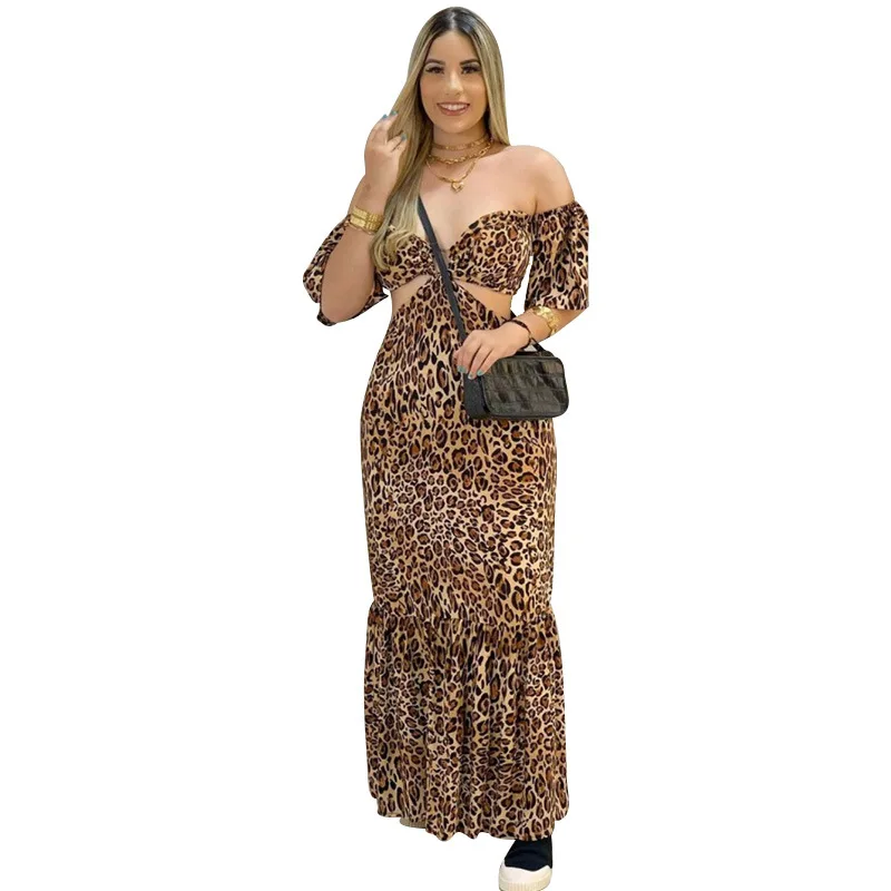 

Donsignet Fashion Women's Dress Summer Casual Wrapped Chest Pullover Sling Strapless Leopard Print Sexy Ruffled Dress