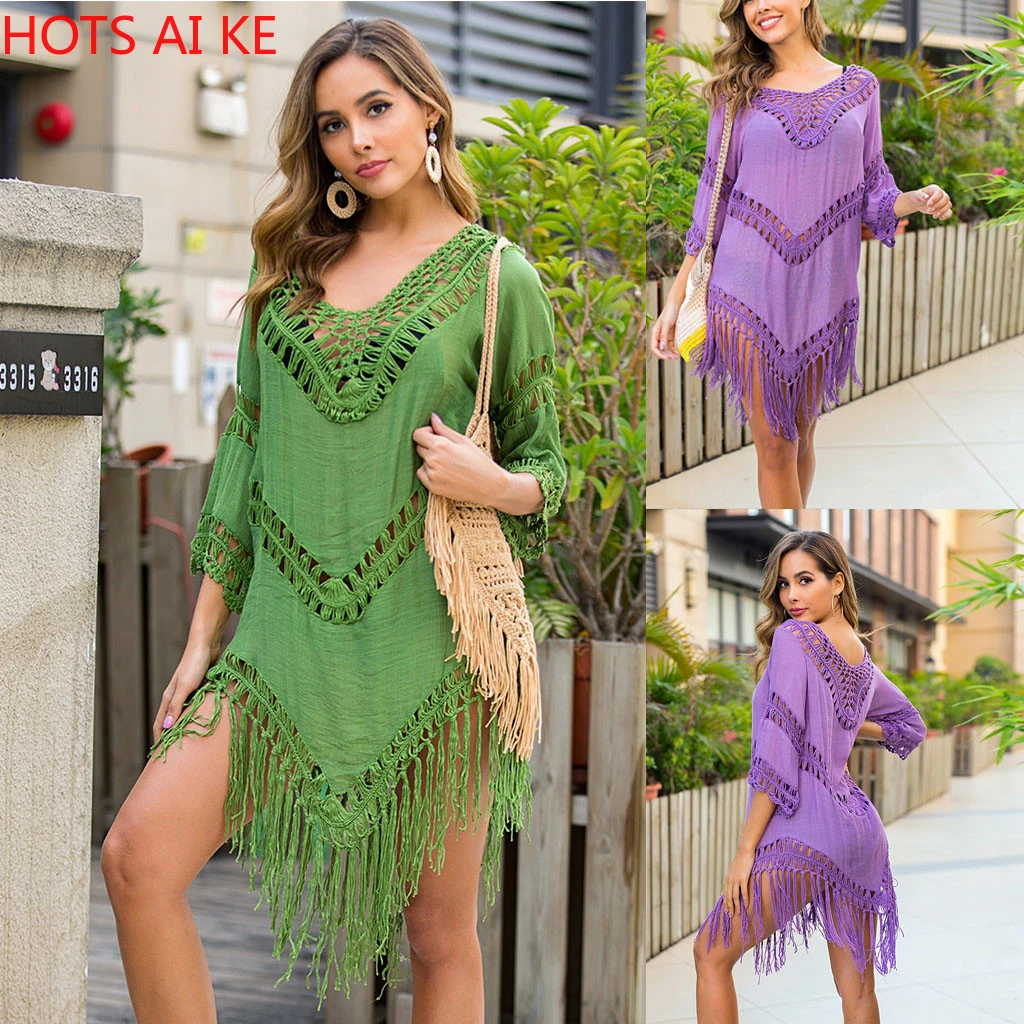 

2021 Crochet White Knitted Beach Cover Up Dress Tunic Long Pareos Bikinis Cover UP Swim Trim Sexy Deep V-neck Beach Dress