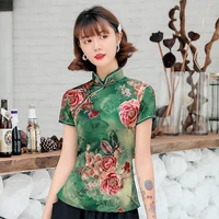 traditional chinese print flower women tang coat tops sexy slim shirt soft green satin blouse vintage classic clothing plus size