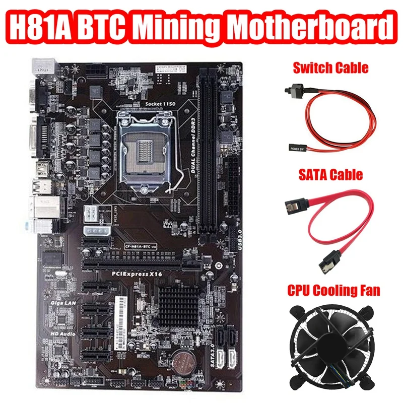 

Материнская плата H81A для майнинга BTC + вентилятор охлаждения процессора + кабель переключения + кабель SATA LGA1150 DDR3 ОЗУ слот 6 графических карт ...