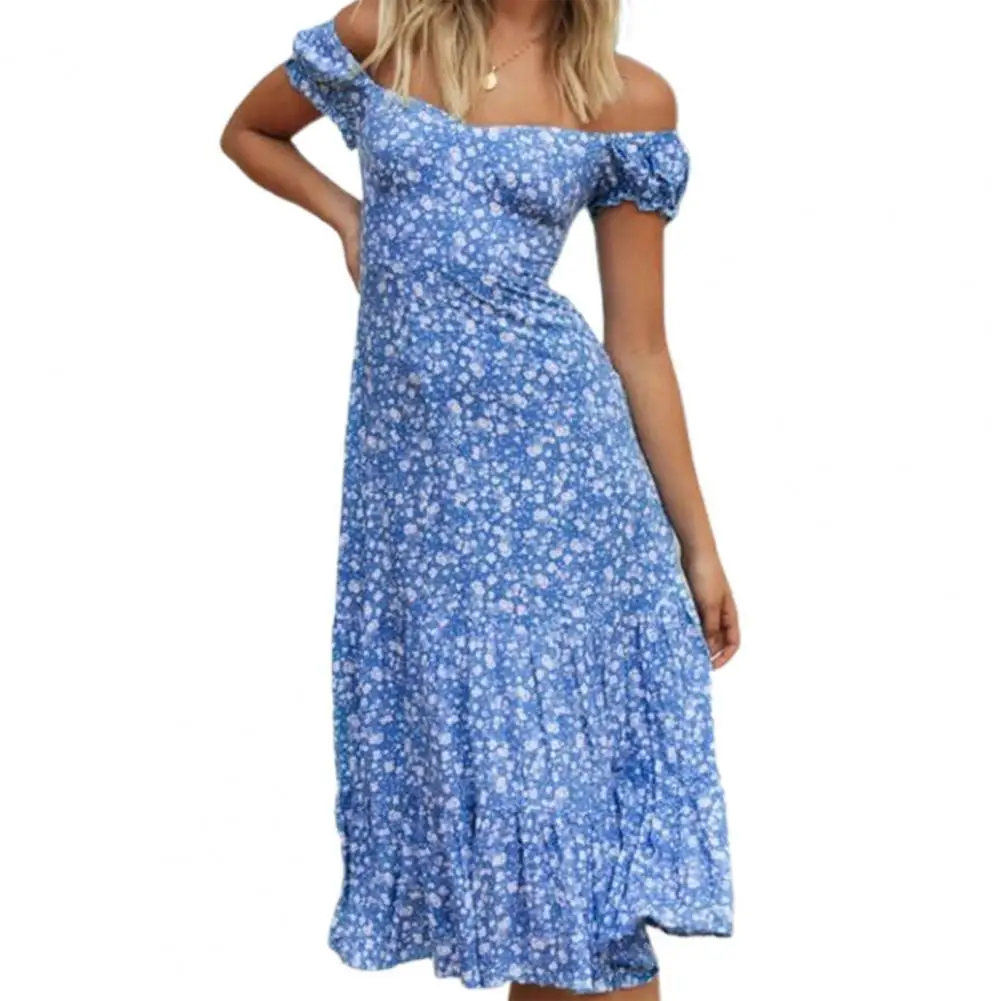 

dresses for women 2021 Off Shoulder Print Puff Short Sleeves Lacing Slim Midi Dress Sundress for Beach Summer Women's Clothing
