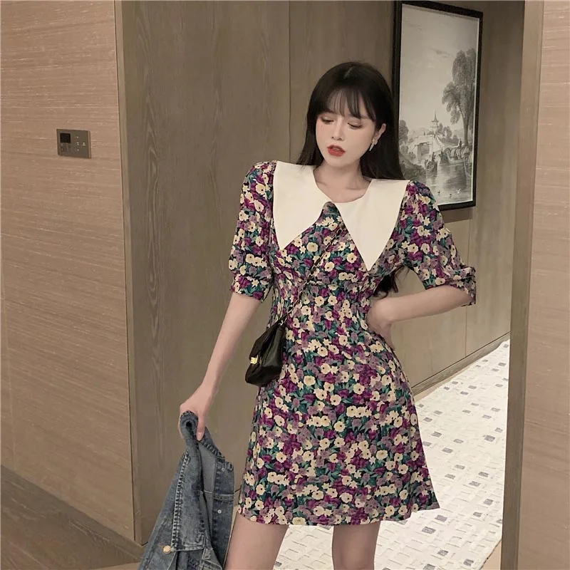 

One-Piece 2021 Korean Style Summer Women Chic Dress French Sailor Collar Puff Sleeve Slim Waist Dress Elegant Temperament Dress