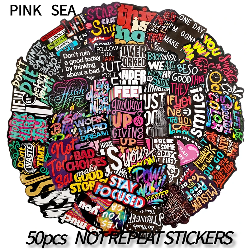10/30/50Pcs/Set Inspirational Short Sentence English Letter Cartoon Stickers For Skateboards Laptop Luggage Scrapbook Toy Kid