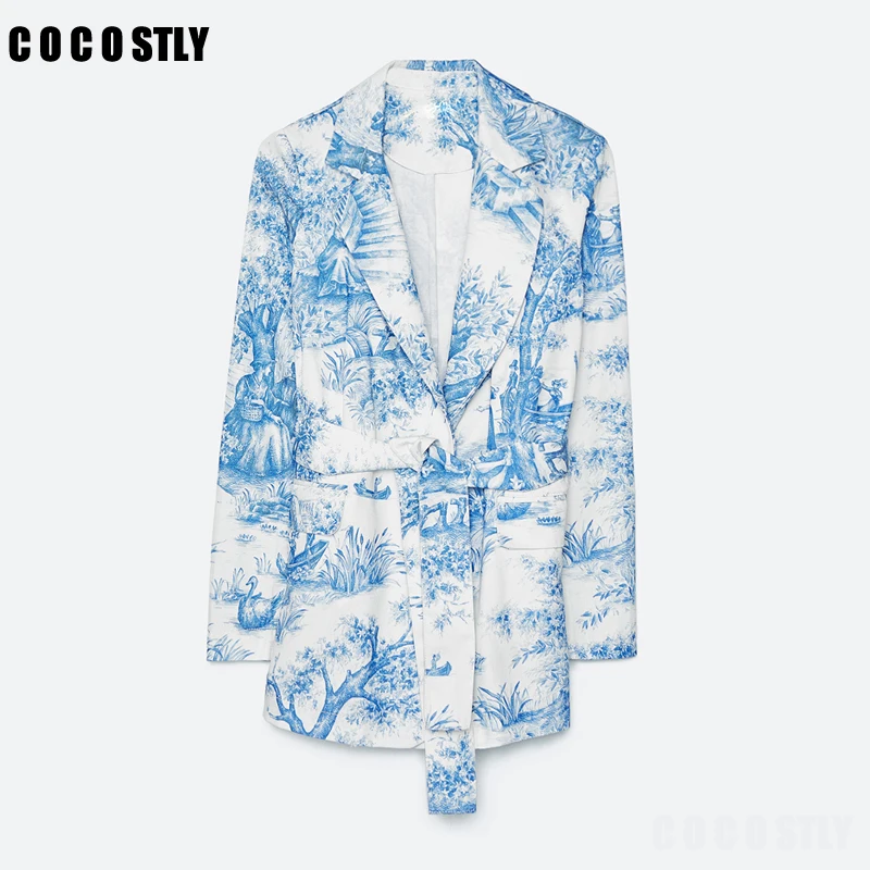 

Женский пиджак с винтажным принтом, офисный пиджак с поясом, верхняя одежда, осень 2020