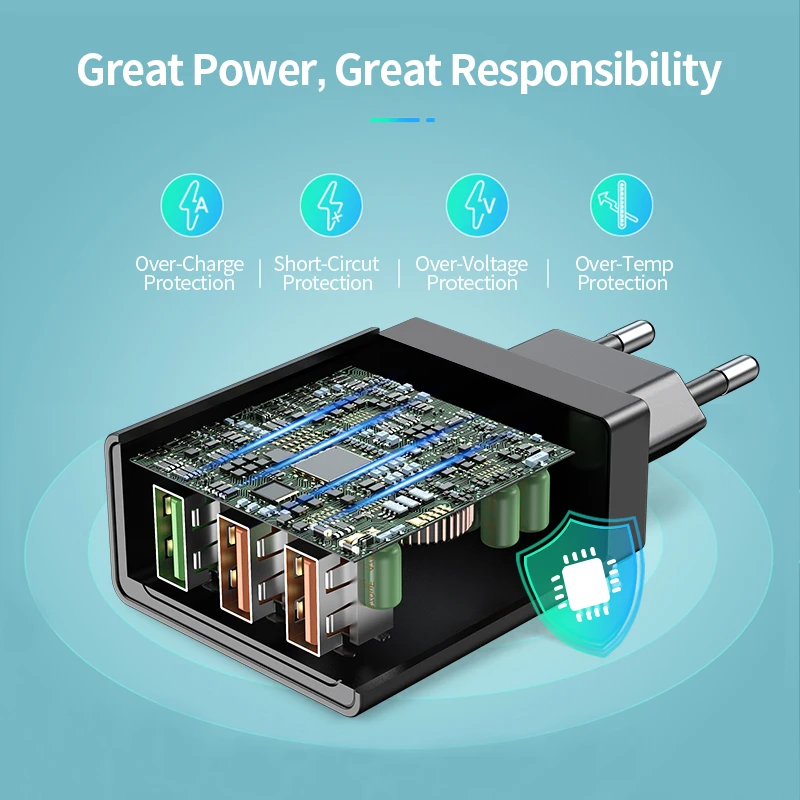 Универсальное зарядное устройство Udyr с 3 USB портами и поддержкой быстрой зарядки