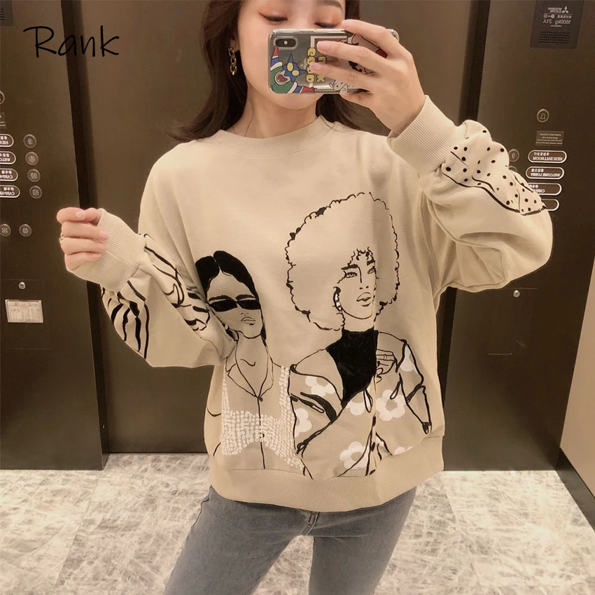 

Rank Winter Women Charater Print Gray Hoodies Sweatshirt Oversize Long Sleeve Sweater O Neck Loose Pullovers Female Tops Clothes