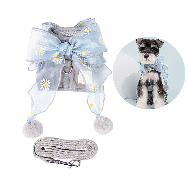 Hot Sale Custom Design Luxury Cotton Pet Harness With Collar Leash Bow Kawaii Cute Dog Cat Harness Vest Pink Blue Gray
