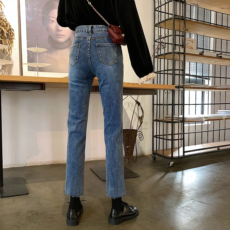 

Chic High Waist Jeans Women's Spring 2020 New Korean Style Student Retro Easy Matching Frayed Hem Straight-Leg Pants Cropped