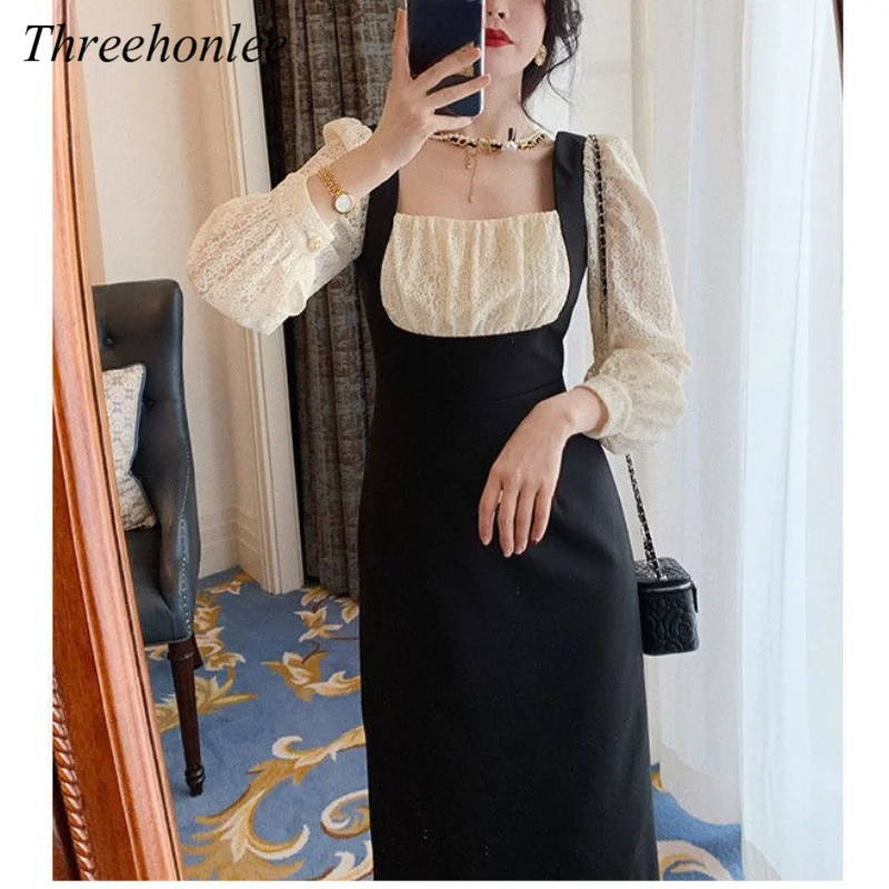 

Женское кружевное платье-миди, винтажное Элегантное Вечерние ничное платье, повседневное приталенное платье в Корейском стиле, осень 2021