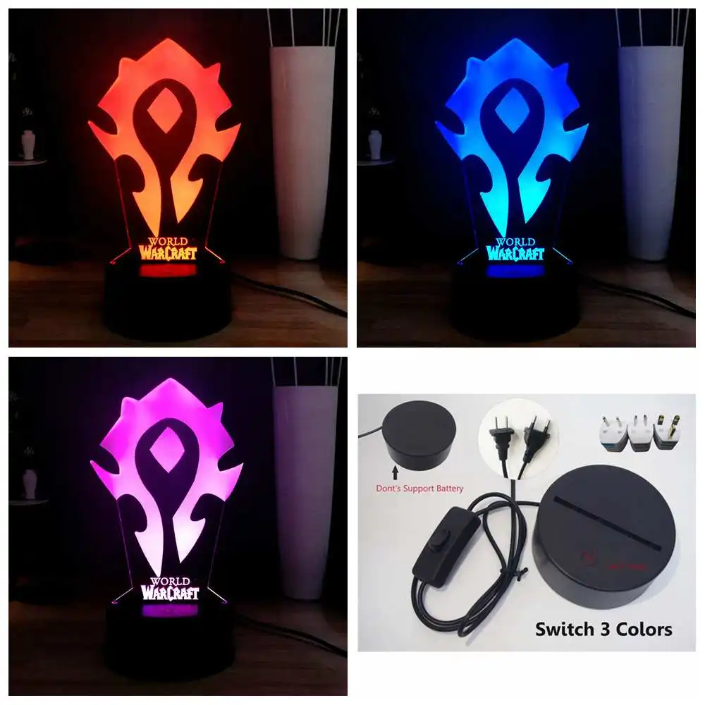 Switch One 3 Color WOW 3D визуальная Таблица лампа World of Warcraft символика Орды RGB 7 красочная USB мини лампа светодиодный ночник лампа для праздника - Испускаемый цвет: Switch One 3 Color