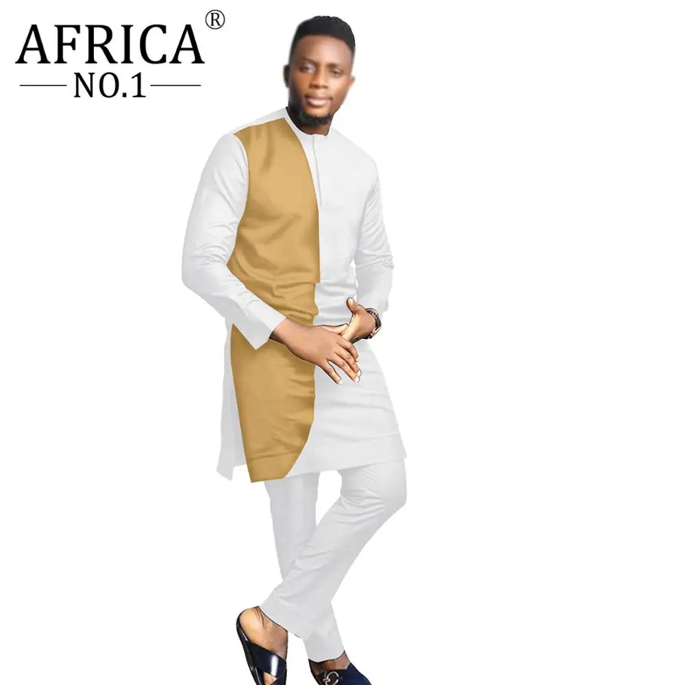 2021 Spring African Men Hippie Clothing Summer Bicolor Loose Long Sleeve Casual Contracted Design Set Shirt 2 Piece Outfit