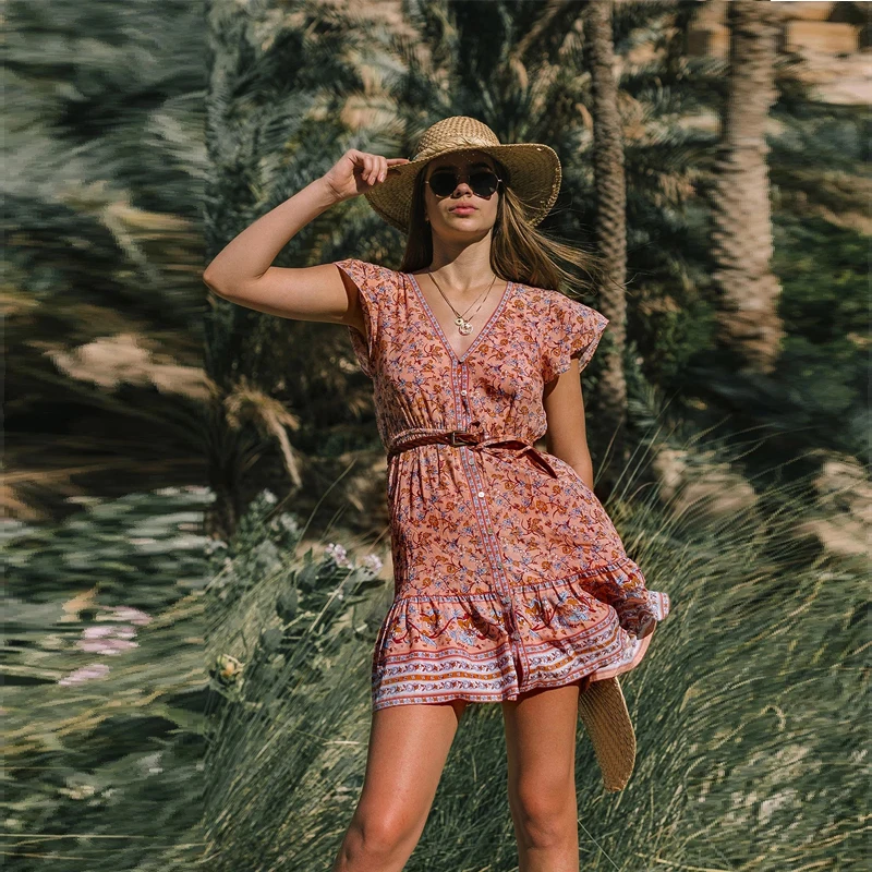 

Женское короткое пляжное платье с принтом, богемное однобортное мини-платье с V-образным вырезом и коротким рукавом, Новинка лета 2021