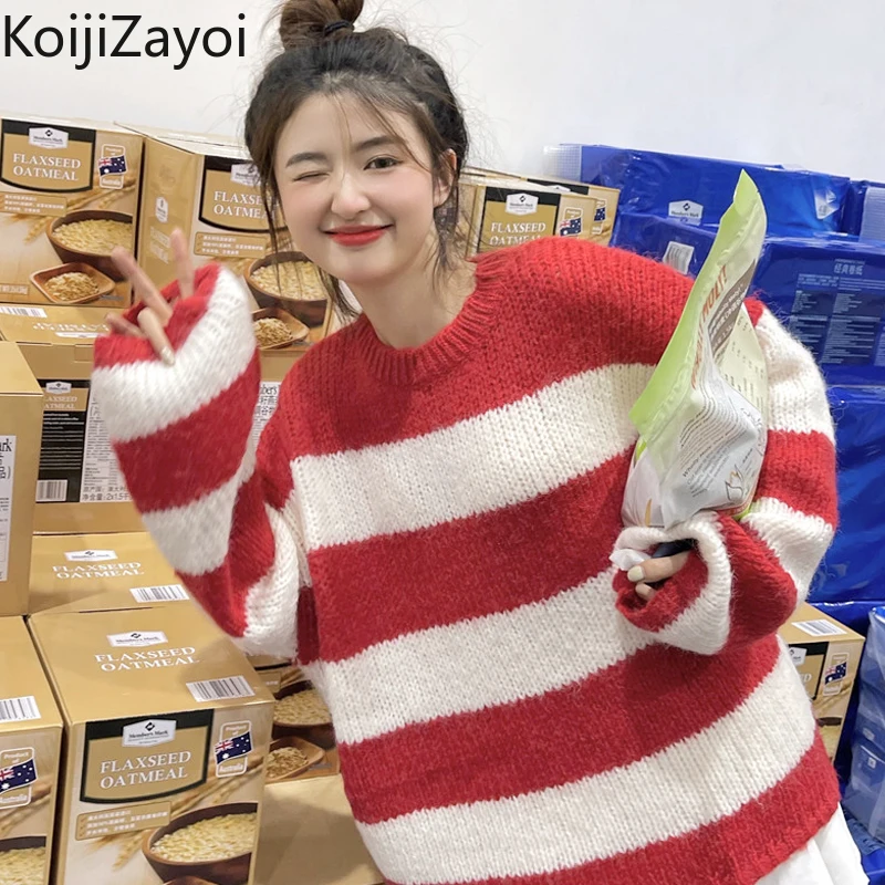

Koijizayoi Striped Pullover Women's Autumn Winter Pullovers Loose Outer Wear Sweater Casual Loose Jumpers Chic Korean Dropship