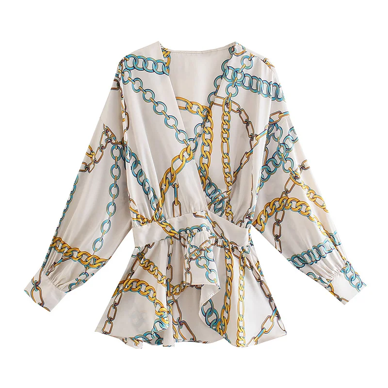 

Модные топы с принтом и пышными рукавами, блузка с V-образным вырезом и оборками на талии, женские весенние Рубашки