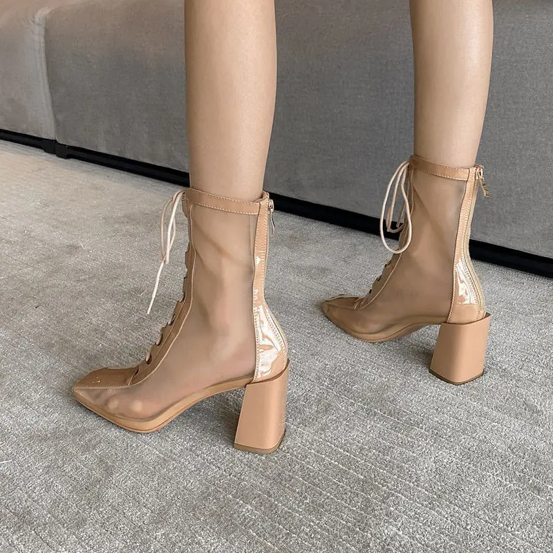 

Ankle Boots Rock Shoes Woman Lace Up Leather Booties Boots-women Low Ladies 2021 High Heel Microfiber Lace-Up Cross-tied
