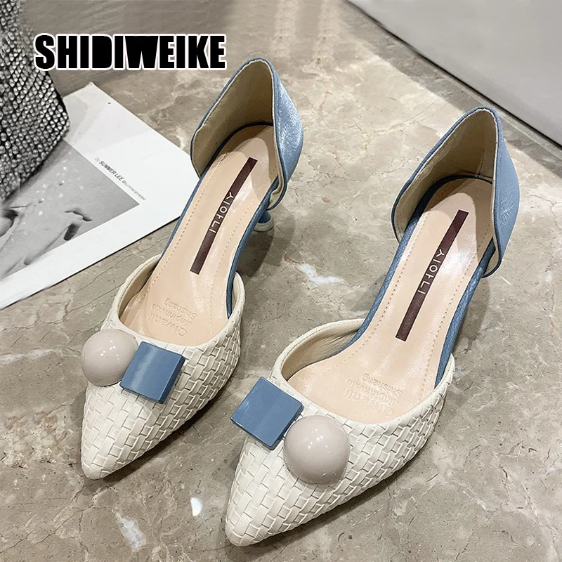 

Весенние туфли с острым носком Классические Тканые элегантные туфли на среднем каблуке цветные модные туфли на высоком каблуке Va907