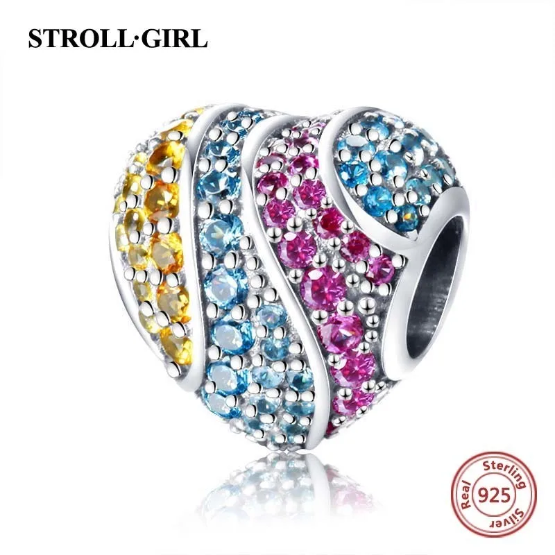 Новое поступление 925 стерлингового серебра в форме сердца Форма бусины с Цветной