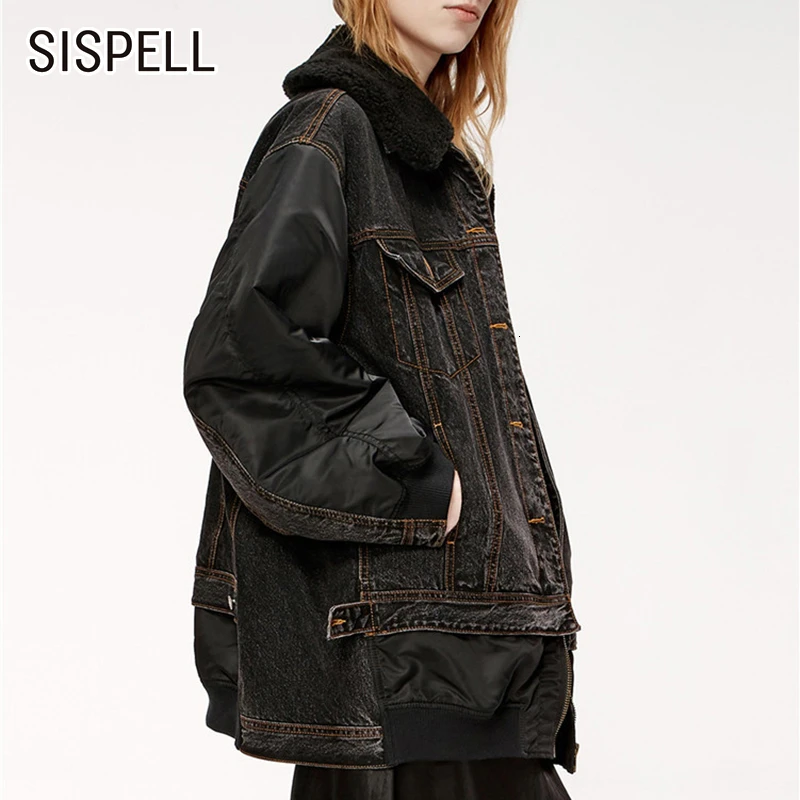 SISPELL Лоскутная джинсовая меховая женская куртка с отворотным воротником и