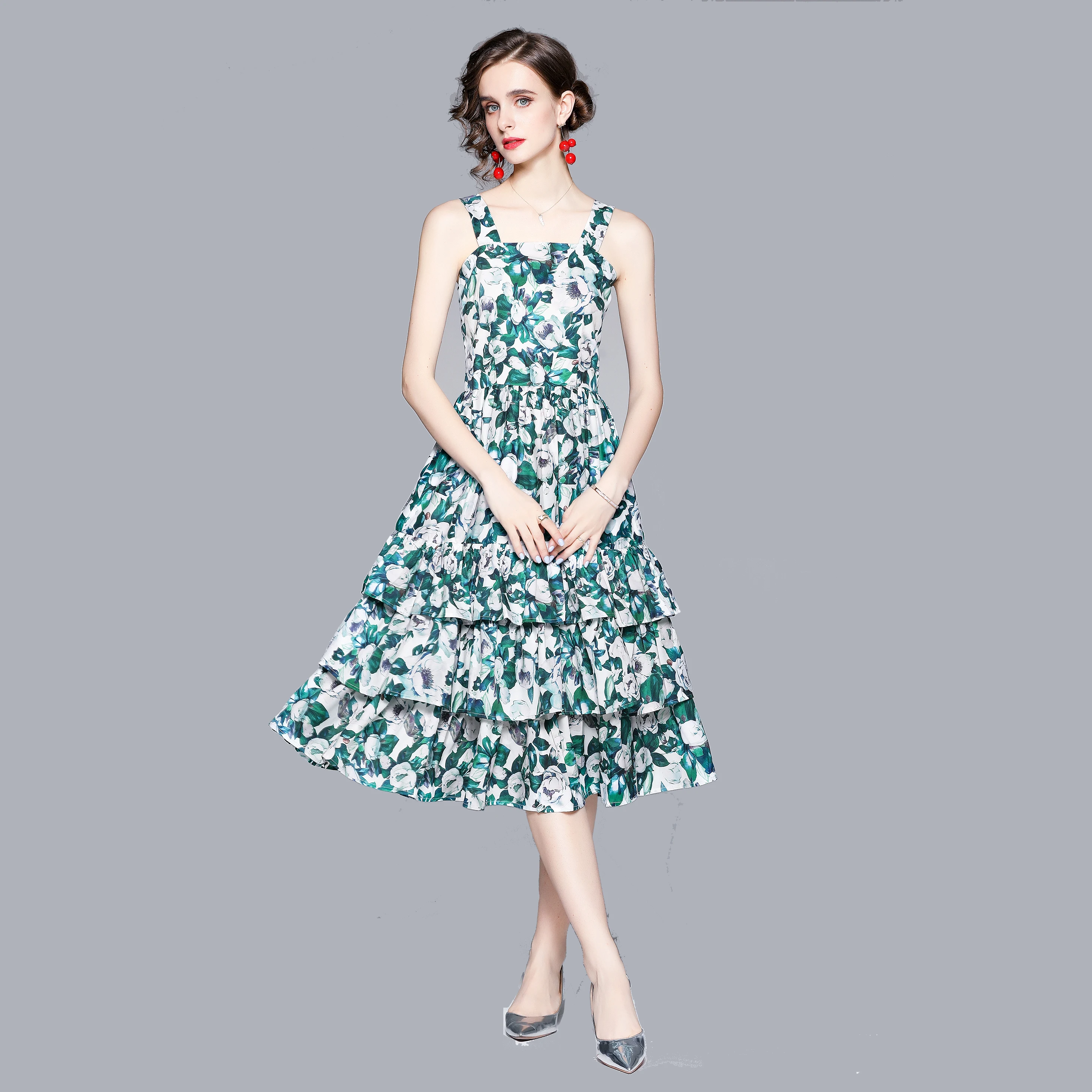 

High Quality Women Elegant Floral Print Dress Summer Lady Sleeveless Casual Party Robe Female Vintage Green Cake Dress Vestidos
