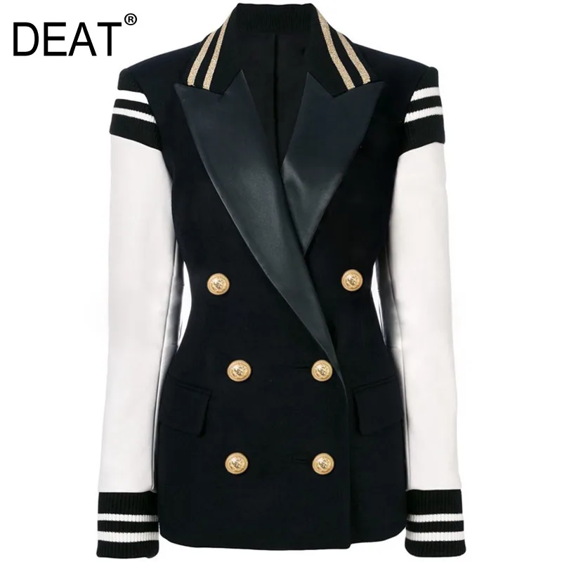 

[DEAT] High End Women Coat Threaded Cuffs Double Row Metal Lion Button Contrast Leather Jacket New Fashion 2021 spring GD1079